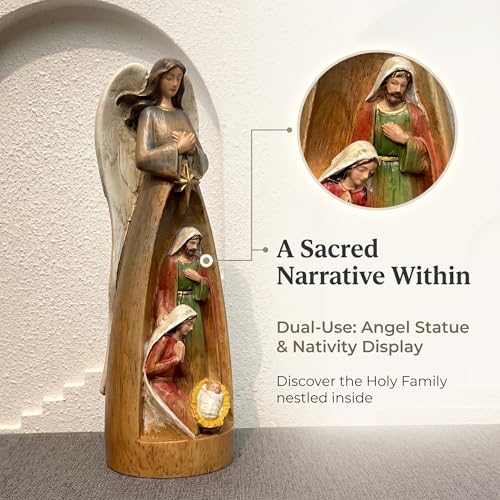 Hand-Painted Wooden Nativity Scene Figurine with Angel Table Decor