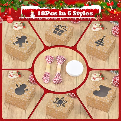 Cotopher 18Pcs Christmas Cookie Gift Boxes with Window, Brown 4x4x2.5in - 18 Boxes, 6 Window Styles