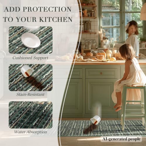 Non-Slip Kitchen Rugs Set of 2 - Washable Floor Runner & Mat, Green