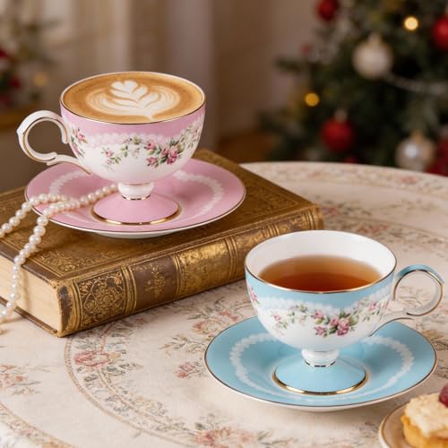 Pink Floral Ceramic Tea Cups Set of 2 with Saucers – Elegant KAMMAK Demitasse Cups