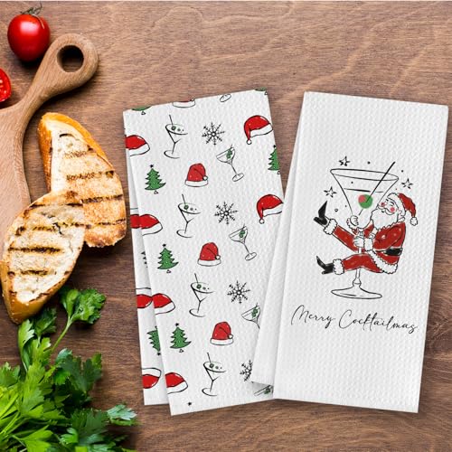 CosxHabitat Santa Cocktail Christmas Kitchen Dish Towels - Set of 2, 16x24 Inches