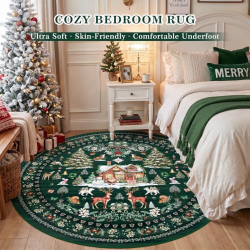 Geanlod 6' Round Christmas Rug - Green, Washable Non-Slip Reindeer & Santa