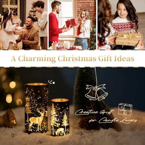 Glasseam Christmas 2-Pc Black Candle Holders Set for Pillar Candles with Moose Forest Pattern (Variation: Christmas)