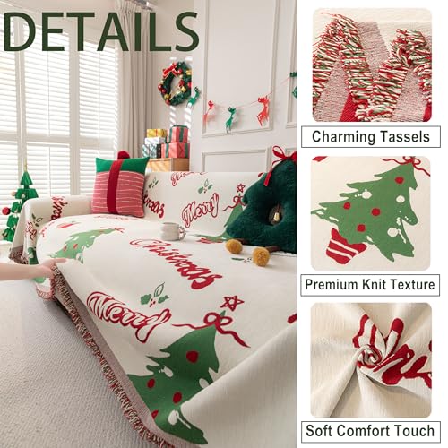 Christmas Green Chenille Sofa Cover 71x102 Inch Reversible Couch Protector for Loveseat & Sectional with Dogs Washable