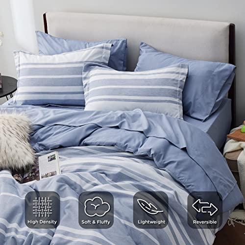 Queen Comforter Set 7 Pieces - Blue Striped Bedding for All Seasons