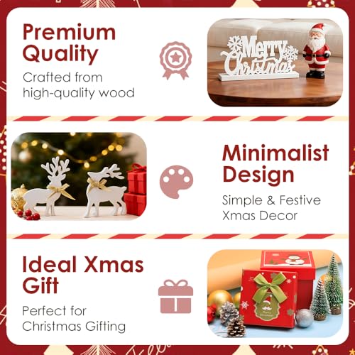 White Merry Christmas Sign - Rustic Wooden Holiday Decor with Snowflake Accents, Farmhouse Christmas Tabletop Decorations for Kitchen, Mantel & Dining Room (Includes 2 pcs Reindeer Sign)