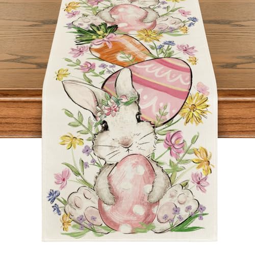 Artoid Mode Bunny Rabbit Egg Flower Easter Table Runner 13x72 Inch Beige Seasonal Spring Home Decor