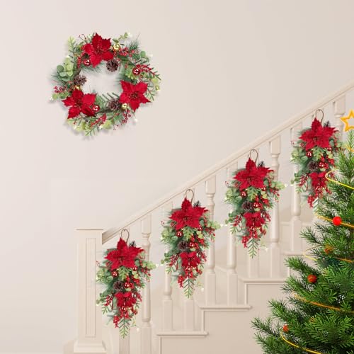 2 Pcs Christmas Teardrop Swag with Poinsettia, 26in - Large Red Poinsettia