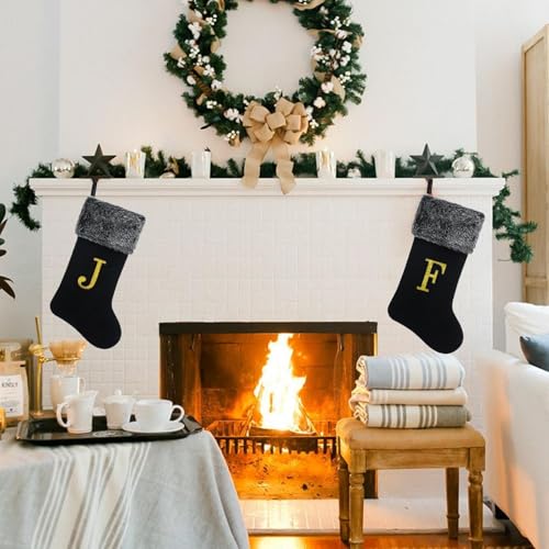 20 Inch Black Velvet Christmas Stocking with Gold Monogram Paw - Personalized with Faux Fur Trim, Deluxe