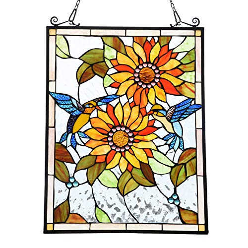 Stained Glass Window Hanging Panel - Sunflowers and Birds Design
