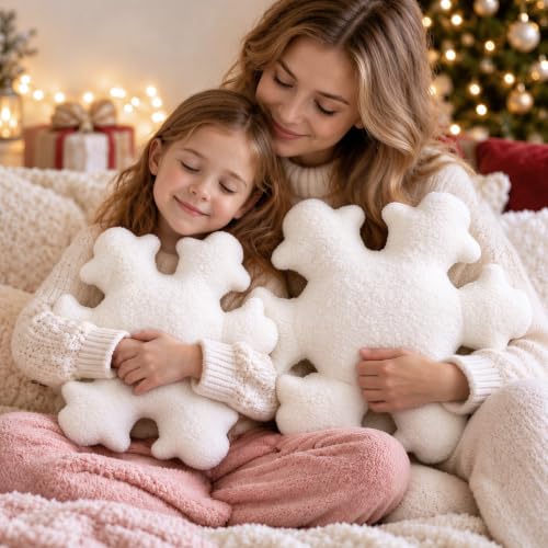AELS Set of 2 Snowflake Christmas Throw Pillows - 21.6 & 17.7 Inches, Winter Plush Decor, White, Texture Variation