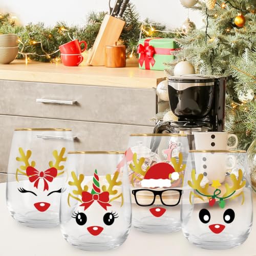 Whaline 4 Pack Christmas Reindeer Stemless Wine Glasses 17oz with Gold Rim for Holiday Parties
