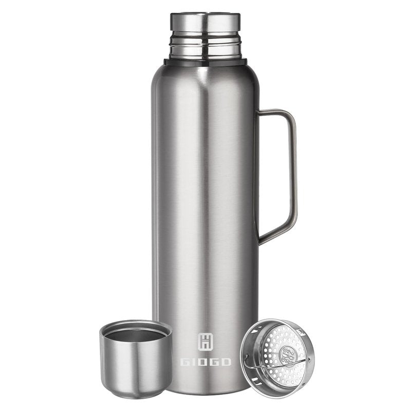 Insulated Vacuum Thermo Bottle 1500ml/50.7oz with Cup Stainless Steel Coffee Bottles for Hot and Cold Drink Water Flask.(Silver, with Handle, 1500ml)