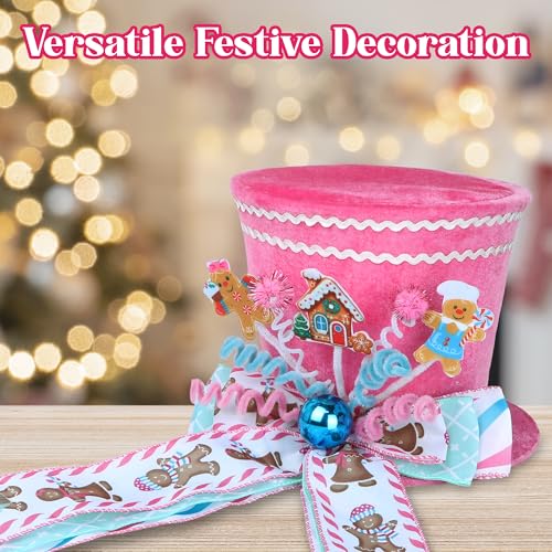 Pink Gingerbread Christmas Tree Topper Hat with Bow - Velvet Candy Cane Imitation