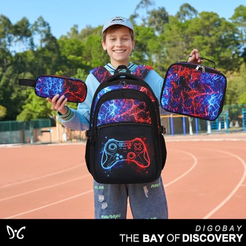 Boys Luminous Gamer School Backpack 3-Piece Set with Lunch Box & USB Port