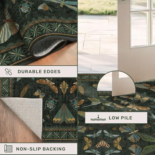 Dark Green 2'6"x10' Runner Rug, Washable Non-Slip Vintage Insect Hallway Carpet