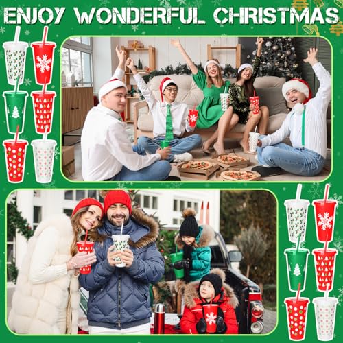 Stylish Christmas Plastic Cups with Lids & Straws, 24 oz, 24 Pack