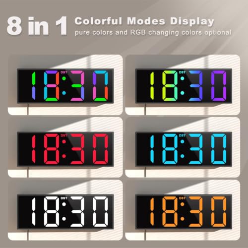 Large LED Digital Wall Clock with 8 RGB Colors & Night Light - 12 Inch