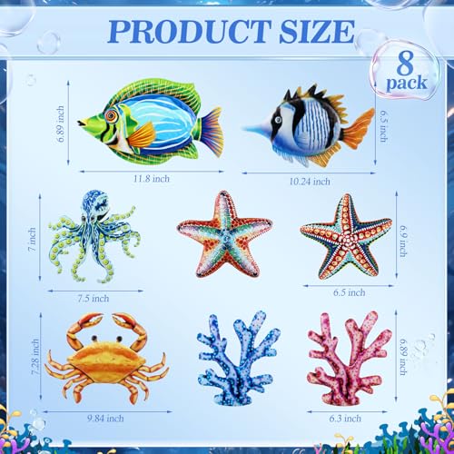 8-Piece Metal Coastal Wall Art Set, Colorful Tropical Sea Life Sculptures