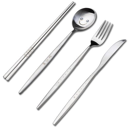 BAPMOO Flatware Cheerful Face Cutlery Set Tableware Engraved Korean Character Hangeul Cute Good for Gift Stainless Steel Metal Reusable Flat Chopsticks