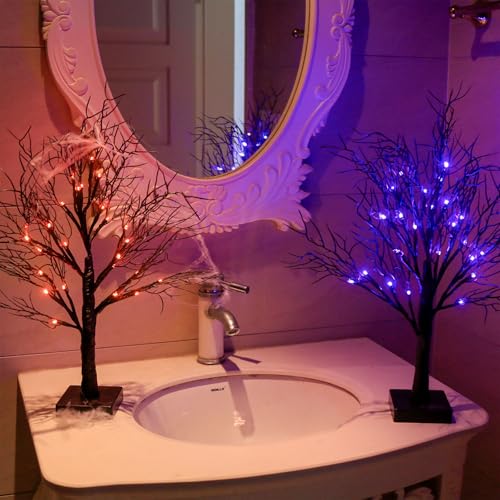 Lighted Halloween Trees 2-Pack, 22" Black Tabletop Decor with Orange & Purple LEDs