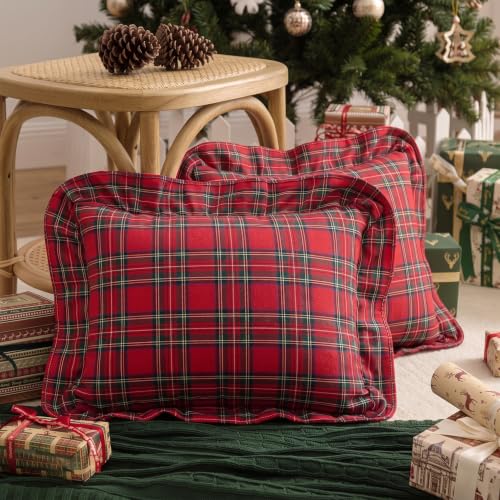 Irenare 2 Pack Christmas Tartan Pillow Covers 20x12in Red Ruffle Plaid Decor
