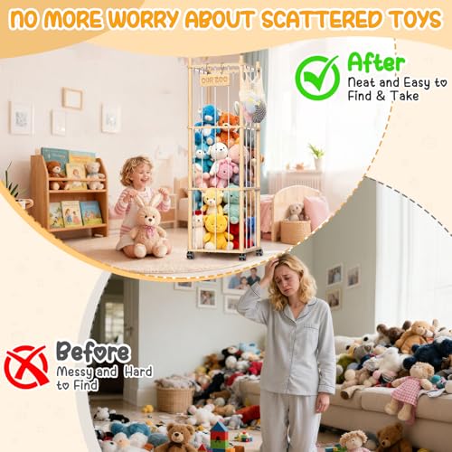 3-Tier Wooden Stuffed Animal Storage Organizer with Wheels, Mobile Toy Zoo