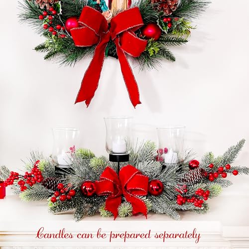Red Christmas Table Centerpiece with 3 Glass Candle Holders & Berries