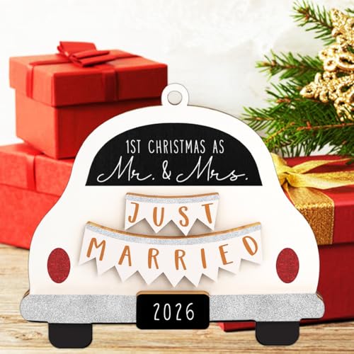 First Christmas Married Ornament 2026, Wood Mr and Mrs Keepsake Wedding Gift