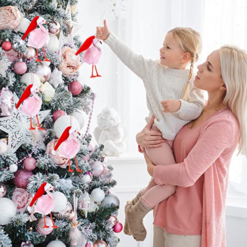 Jexine 3 Pack Pink Flamingo Christmas Ornaments - Plush Santa Hat Xmas Tree Decor