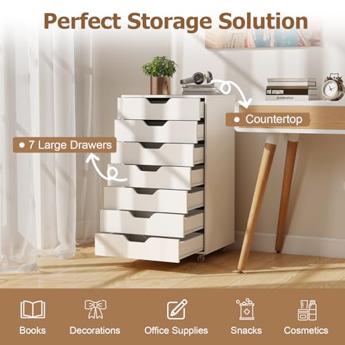 7-Drawer Mobile Rolling Storage Cabinet with Wheels, White Office Organizer