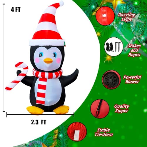 4 Ft Inflatable Christmas Penguin with Scarf & Candy Decor for Yard & Indoor Holiday Party