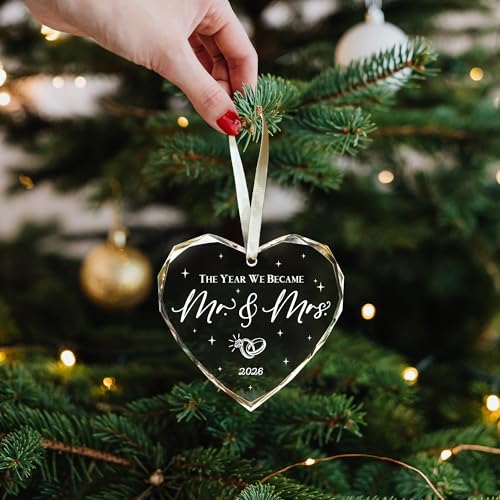 Mr and Mrs Heart Glass Ornament - Newlywed Wedding Gift for Couples