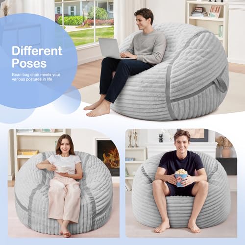 HABUTWAY 3FT Light Grey Corded Plush Adult Bean Bag Chair Lounger & Sofa