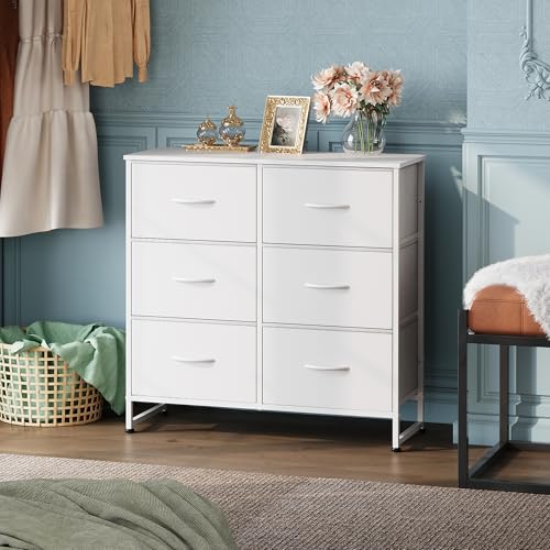 6-Drawer Fabric Dresser with Metal Frame and Wood Top