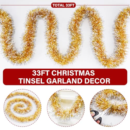 33FT Gold Tinsel Christmas Garland – Shiny Decor for Indoor/Outdoor, Includes 33FT-Gold White Variation