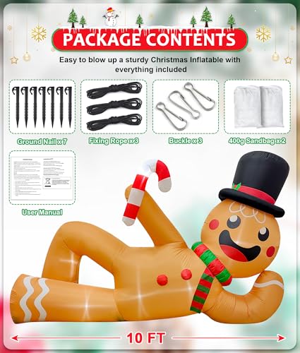 EAONE 10 FT Inflatable Gingerbread Man Lying Flat Christmas Yard Decoration with LED Lights