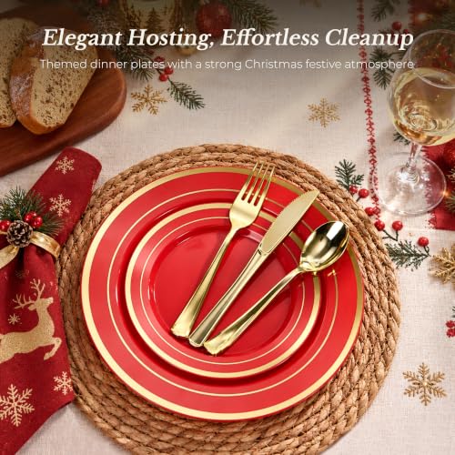 Red Plastic Dinner & Dessert Plates Set 100PCS with Gold Rim - Party Supplies