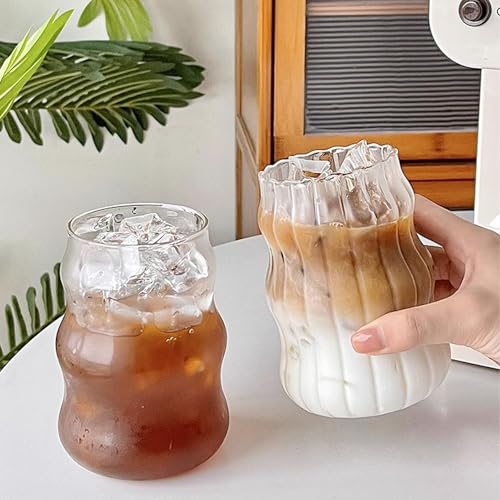 2 Pcs Ribbed Glass Cups, 18 Oz Vintage Wavy Drinkware for Iced Coffee