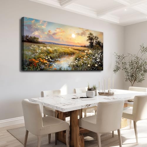 Wildflower Canvas Wall Art, Vintage Landscape Print, 20x40 Framed Artwork