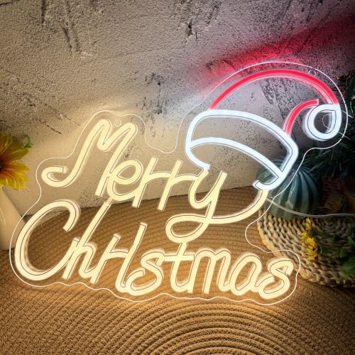 Allball Merry Christmas Neon Sign Wall Decor USB Dimmable LED Santa Hat Light - Warm White, Cold White & Red