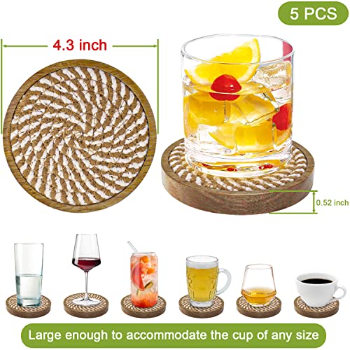 Eykao 5 Pack Woven Wooden Drink Coasters - Absorbent, 4.3-inch, Farmhouse Brown & White Variation