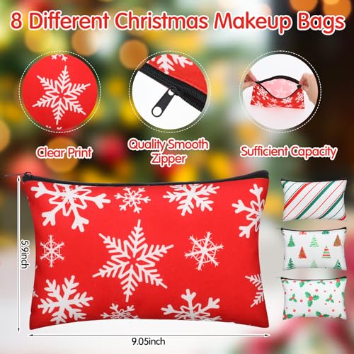 Vesici 8-Piece Xmas Gift Set: 4 Red & 4 Green Glitter Tumbler Cups, 8 Makeup Bags, 8 Pairs Christmas Socks (Red/Green Tree)