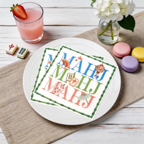 Green Mahjong Disposable Cocktail Napkins 5x5 Inches, 50 Pcs - Bamboo Design