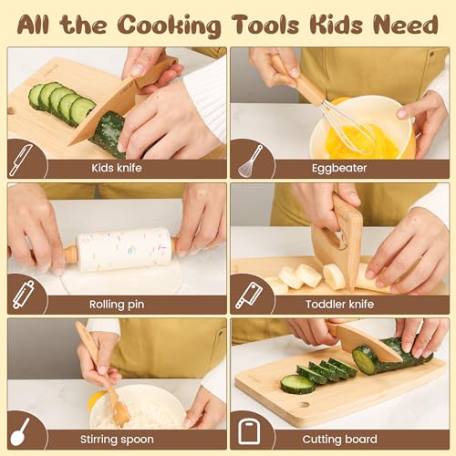 Wooden Kids Safe Knife and Toddler Baking Set for Real Cooking 6-Piece