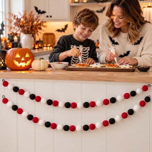 jijAcraft Black Red White Felt Ball Garland 2-Pack, 8.2ft Each - Halloween & Holiday Pom Pom Garlands