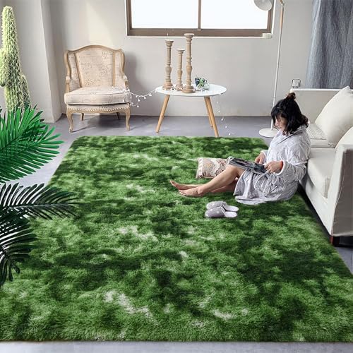 Forest Green Shaggy Rug 4x6 Feet, Soft Plush Non-Slip Area Carpet for Bedroom