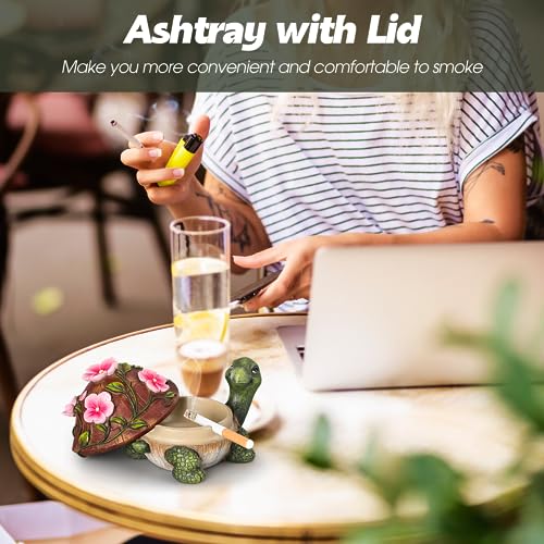 Cute Turtle Resin Ashtray with Windproof Lid for Indoor and Outdoor Use