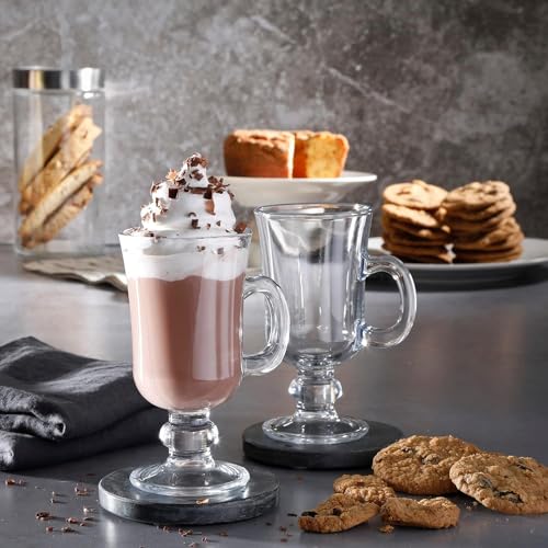 Biandeco Clear Irish Coffee Mugs Set of 2 - 8 oz Glass Hot Chocolate Cups with Handle - Footed Hot Toddy & Cappuccino Glasses