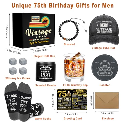 75th Birthday Gift Set for Men Whiskey Glass Socks Hat Candles & More